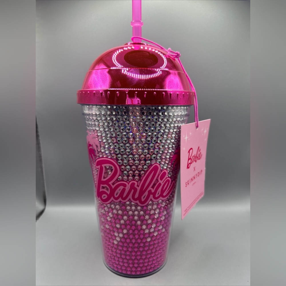 BARBIE x SKINNY DIP Tumbler With Straw Sparkling BARBIE Logo Pink Bling RARE NEW